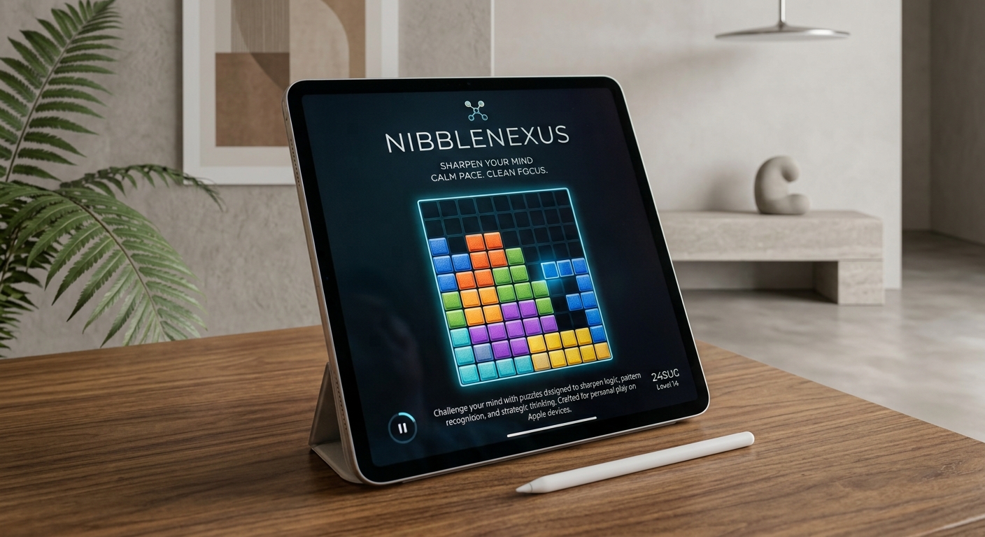 NibbleNexus puzzle game on iPad — a person playing brain-training puzzles in a calm, cozy setting.